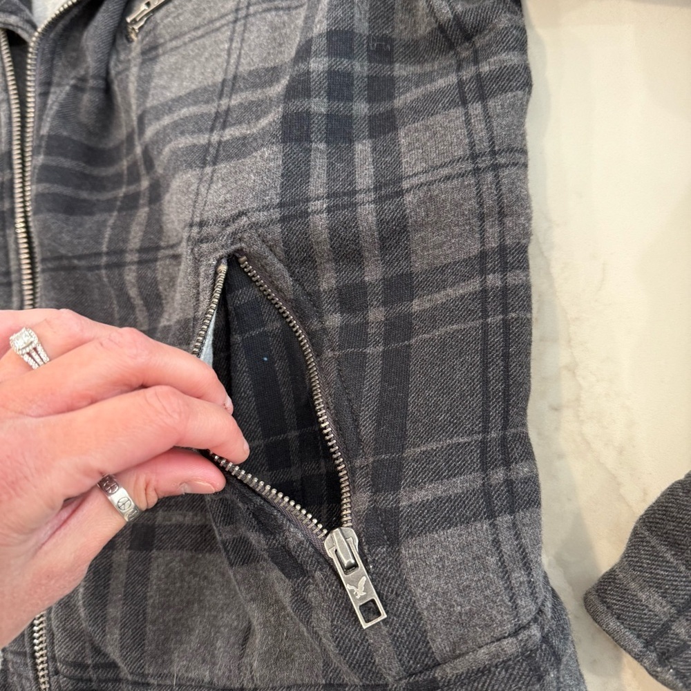Y2K American Eagle Asymmetrical Plaid Moto Full Zip Jacket Women’s Large Gray - Picture 4 of 8